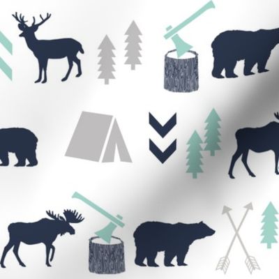 woodland boys design mint grey navy blue bear moose forest arrow kids nursery baby print 