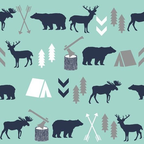 woodland boys design mint grey navy blue bear moose forest arrow kids nursery baby print 