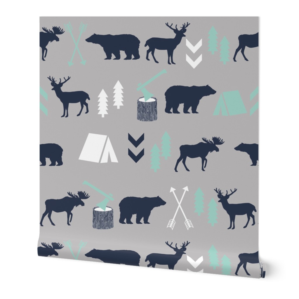 woodland boys design mint grey navy blue bear moose forest arrow kids nursery baby print 