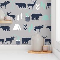 woodland boys design mint grey navy blue bear moose forest arrow kids nursery baby print 