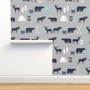 woodland boys design mint grey navy blue bear moose forest arrow kids nursery baby print 