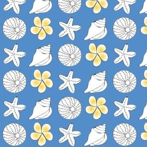 Summer Beach Finds with Frangipani on blue