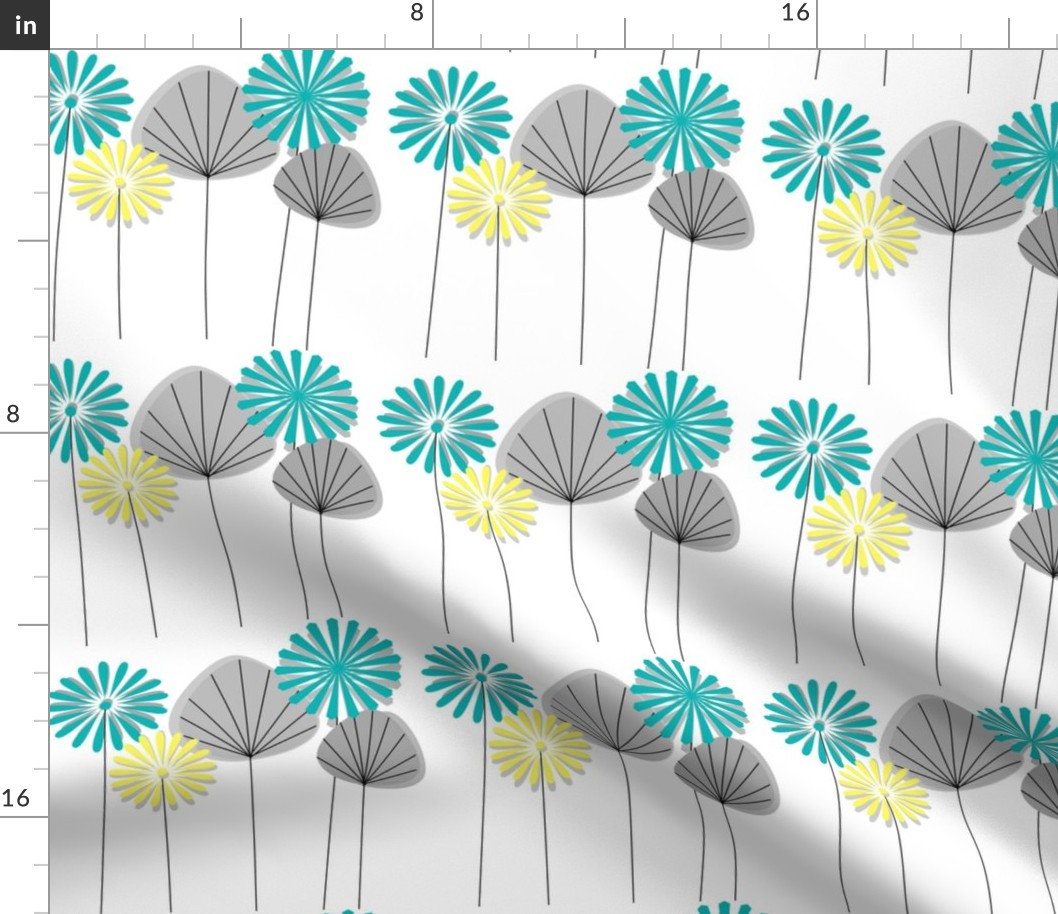 Mid-Century Flowers Teal and Yellow