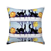 Halloween black cats night moon trees jack-o-lanterns pumpkins houses fences vintage retro kitsch 