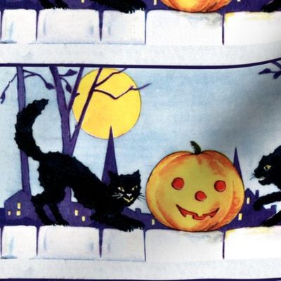 Halloween black cats night moon trees jack-o-lanterns pumpkins houses fences vintage retro kitsch 