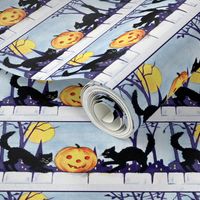 Halloween black cats night moon trees jack-o-lanterns pumpkins houses fences vintage retro kitsch 