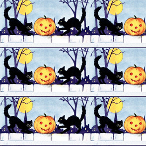 Halloween black cats night moon trees jack-o-lanterns pumpkins houses fences vintage retro kitsch 