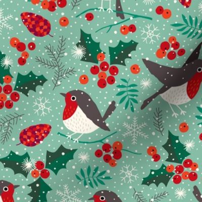 Christmas birds in snow on mint