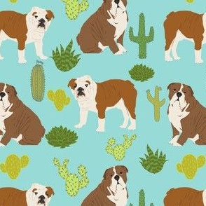 english bulldog cactus fabric minty blue mint dog cacti desert trendy dog fabric cactus succulents 