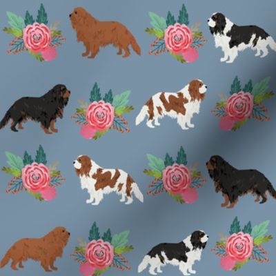 cavalier king charles spaniel florals flower blue flowers kid cute dog fabric