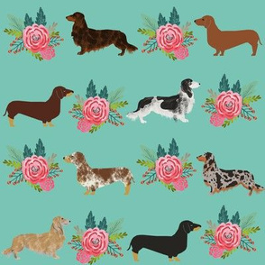 doxie green mint dachshund doxie dog mint florals floral cute dog fabric