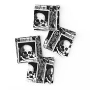 skulls bones hourglasses skeletons sleeping dead trumpets pickaxes shovels monochrome black white gothic victorian coat of arms torches death pagan Wicca witchcraft antique halloween antiques  spooky macabre morbid