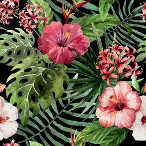 Tropical Hawaii Watercolor Palm Hibiscus Plumeria