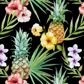 Tropical Hawaii Watercolor Pineapple Hibiscus Plumeria