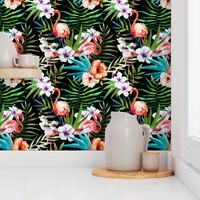 Tropical Watercolor Flamingos Palms and Plumeria Flowers