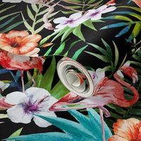 Tropical Watercolor Flamingos Palms and Plumeria Flowers