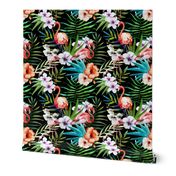 Tropical Watercolor Flamingos Palms and Plumeria Flowers