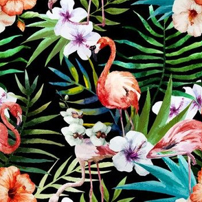 Tropical Watercolor Flamingos Palms and Plumeria Flowers