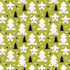 Merry christmas kawaii seasonal christmas trees and stars Japanese illustration print pastel green XS
