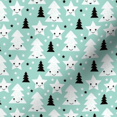 Merry christmas kawaii seasonal christmas trees and stars Japanese illustration print pastel mint XS