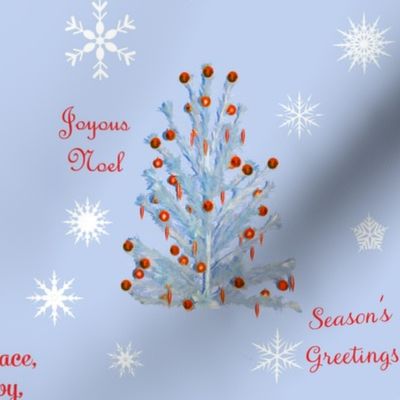 Aluminum pom pom Christmas tree with red ornaments and snowflakes retro