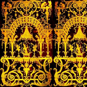 baroque rococo neoclassical squirrels monkeys vines gates gold flowers acanthus leaf leaves fairy fairies birds phoenixes dogs swirls mythology filigree thrones canopy state baldachin baldaquin trumpets soldiers victorian