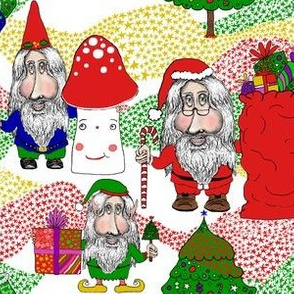 Christmas Santa, gnome and elf, large scale, red green white blue gold yellow blue