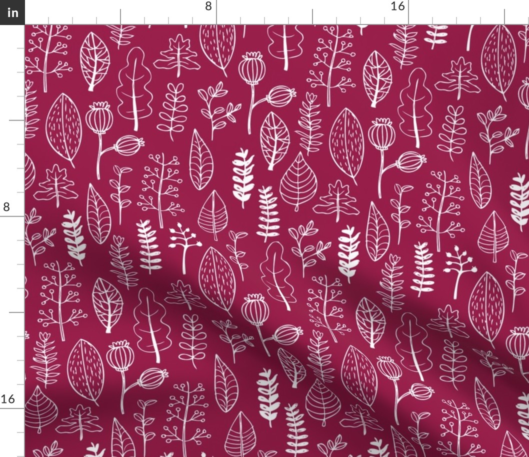 Soft fall winter garden leaf and flowers scandinavian style illustration print maroon cherry