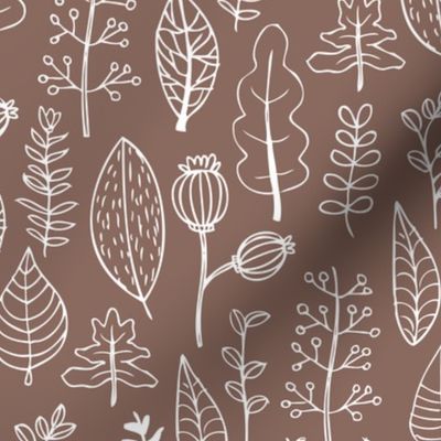 Soft fall winter garden leaf and flowers scandinavian style illustration print brown