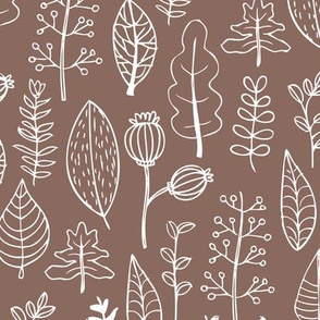 Soft fall winter garden leaf and flowers scandinavian style illustration print brown