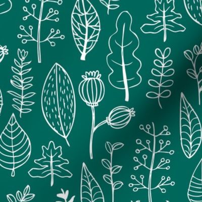 Soft fall winter garden leaf and flowers scandinavian style illustration print green teal