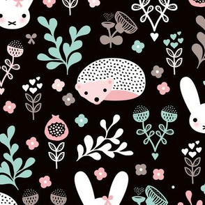 Adorable fall blossom flower garden easter bunny and hedgehog illustration print for little girls