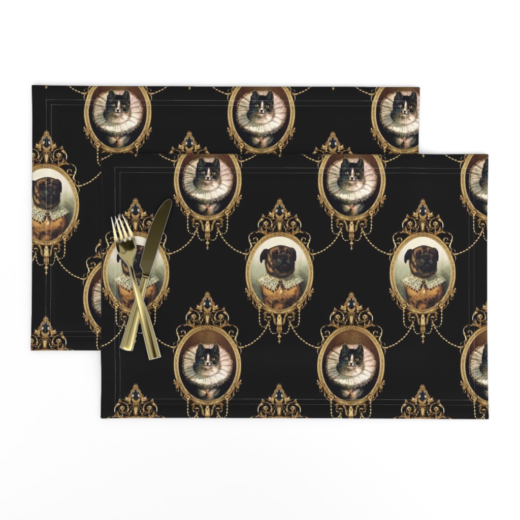 neoclassical victorian baroque rococo dogs cats mastiff bullmastiff swags medallions frames gold black collars frill filigree  shabby chic romantic festoon