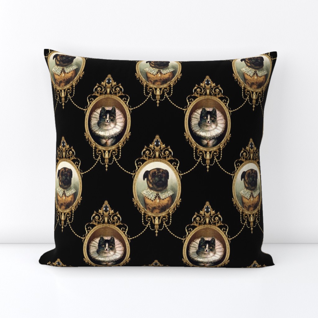 neoclassical victorian baroque rococo dogs cats mastiff bullmastiff swags medallions frames gold black collars frill filigree  shabby chic romantic festoon