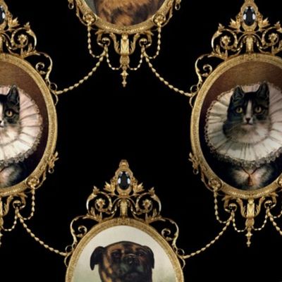 neoclassical victorian baroque rococo dogs cats mastiff bullmastiff swags medallions frames gold black collars frill filigree  shabby chic romantic festoon