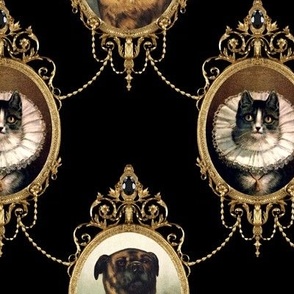 neoclassical victorian baroque rococo dogs cats mastiff bullmastiff swags medallions frames gold black collars frill filigree  shabby chic romantic festoon