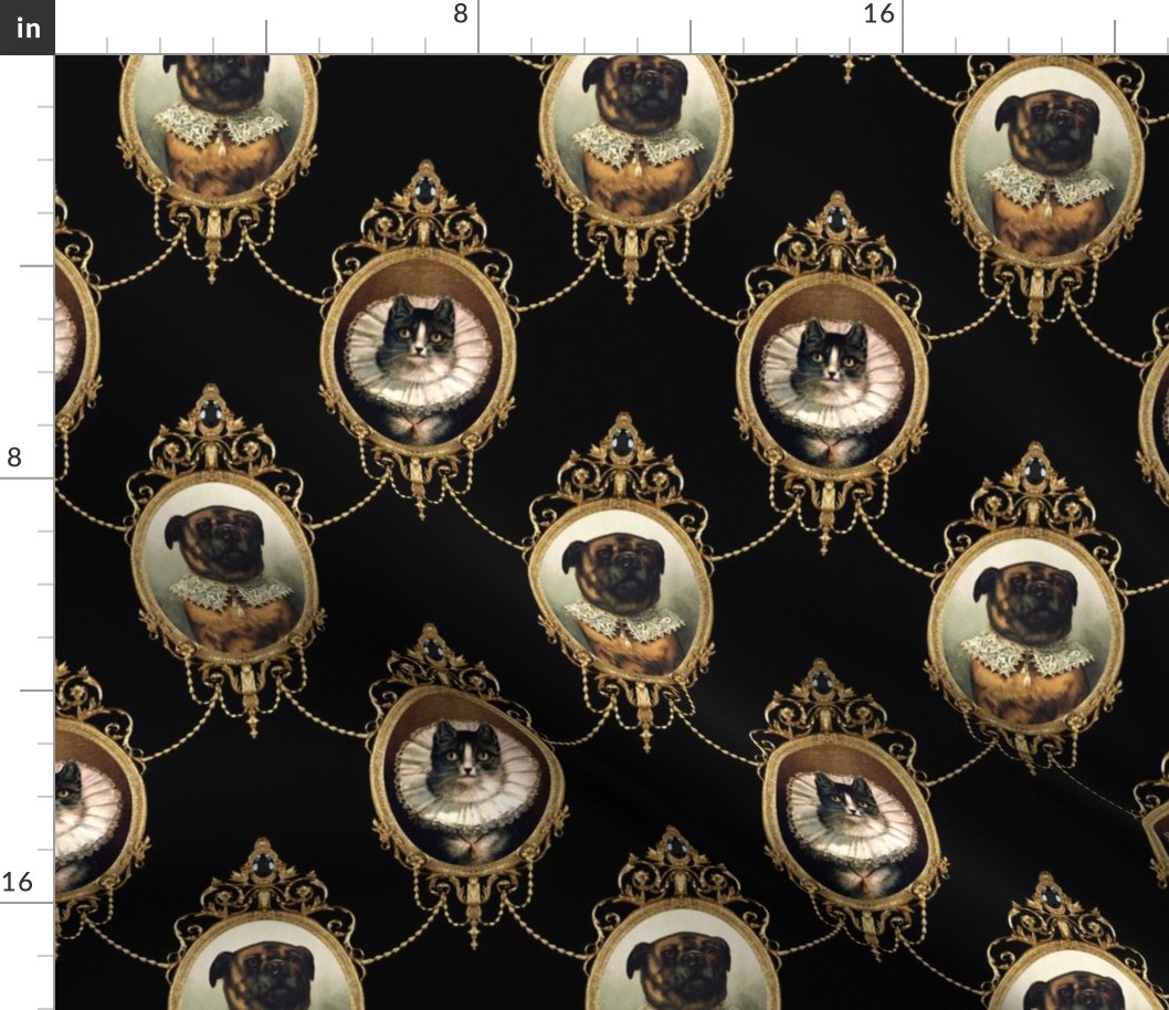 neoclassical victorian baroque rococo dogs cats mastiff bullmastiff swags medallions frames gold black collars frill filigree  shabby chic romantic festoon