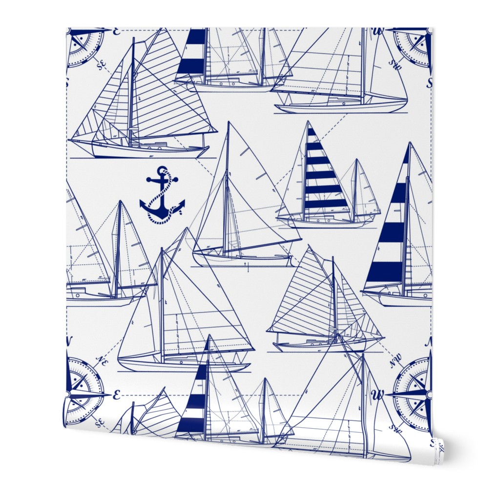 Large Scale / Sailboats / Dark Blue on White Background