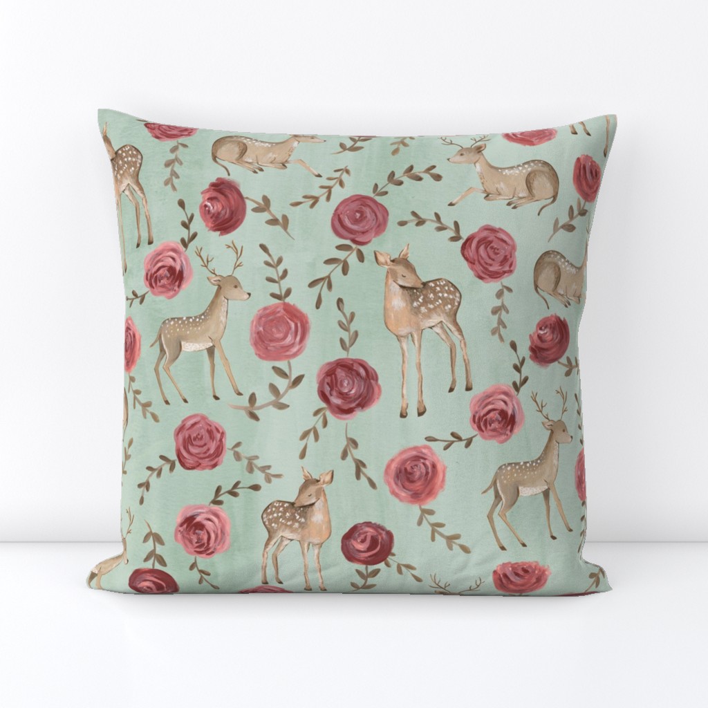 Romantic Deers/ Floral and woodland fabric/ Deer and rose mint green