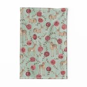 Romantic Deers/ Floral and woodland fabric/ Deer and rose mint green