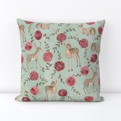 Romantic Deers/ Floral and woodland fabric/ Deer and rose mint green