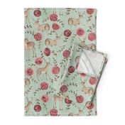 Romantic Deers/ Floral and woodland fabric/ Deer and rose mint green