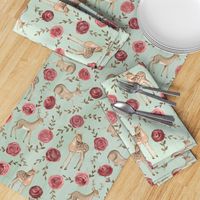 Romantic Deers/ Floral and woodland fabric/ Deer and rose mint green