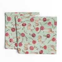 Romantic Deers/ Floral and woodland fabric/ Deer and rose mint green