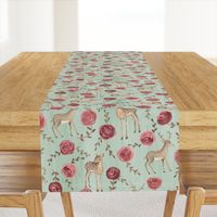 Romantic Deers/ Floral and woodland fabric/ Deer and rose mint green