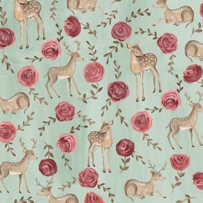 Romantic Deers/ Floral and woodland fabric/ Deer and rose mint green