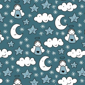 Romantic dreams and sleepy night moon clouds starts and angels for christmas blue