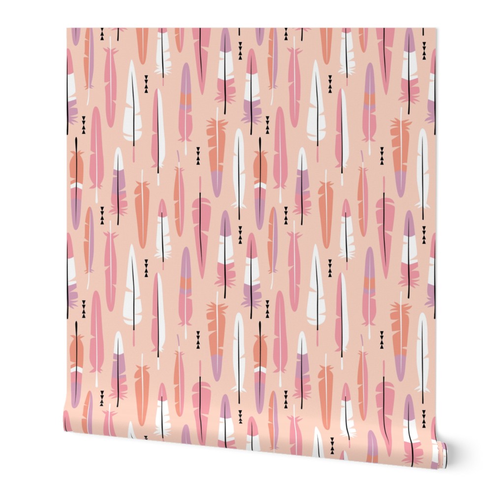 Geometric vintage feathers pastel arrows in pink and orange illustration pattern