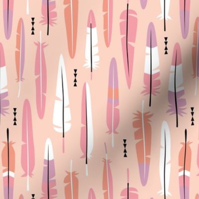 Geometric vintage feathers pastel arrows in pink and orange illustration pattern