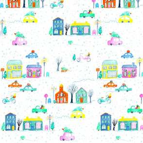 Christmas Town Small // vintage retro modern cute city holiday winter snow cars bright merry bike bicycle village tamara arcilla